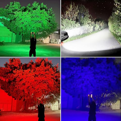 Powerful Red Flashlight, 4 Color in 1 LED White Red Blue and Green Lights, 4 Modes, Zoomable, Rechargeable, 2000 Lumen, Compact, Black, Aluminum, Water Resistant