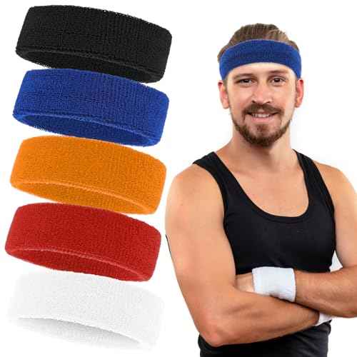 Sweat Headband Men, Mabor 5 Pack Sweat Head Bands Hair Band for Athletic Running Cycling Exercise Basketball Football Gym Accessories Sweat Bands Headbands Men Women(Colorful)