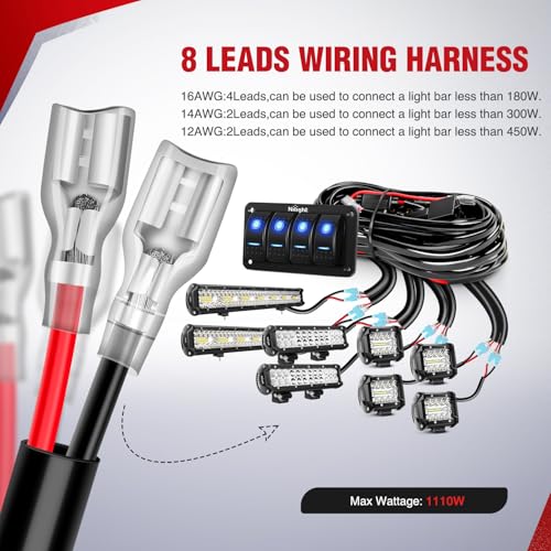 Nilight 16AWG 14AWG 12AWG LED Light Bar Wiring Harness Kit 12V On/Off 4 Gang Rocker Switch Panel Power Relay Blade Fuse 5Pin Toggle Switches for Cars Boat ATV Trucks-8 Leads