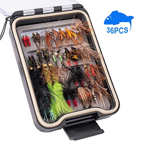 Fly Fishing Flies Kit - Assorted Dry, Wet, Nymphs & Streamers with Waterproof Box - Various