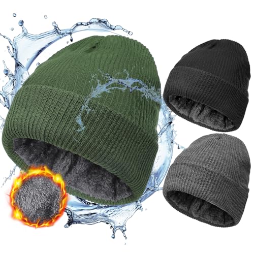 Jeyiour 3 Pcs Waterproof Beanie Fleece Lined Thermal Winter Hat Waterproof Windproof Knit Cap for Men Women Hiking Skiing