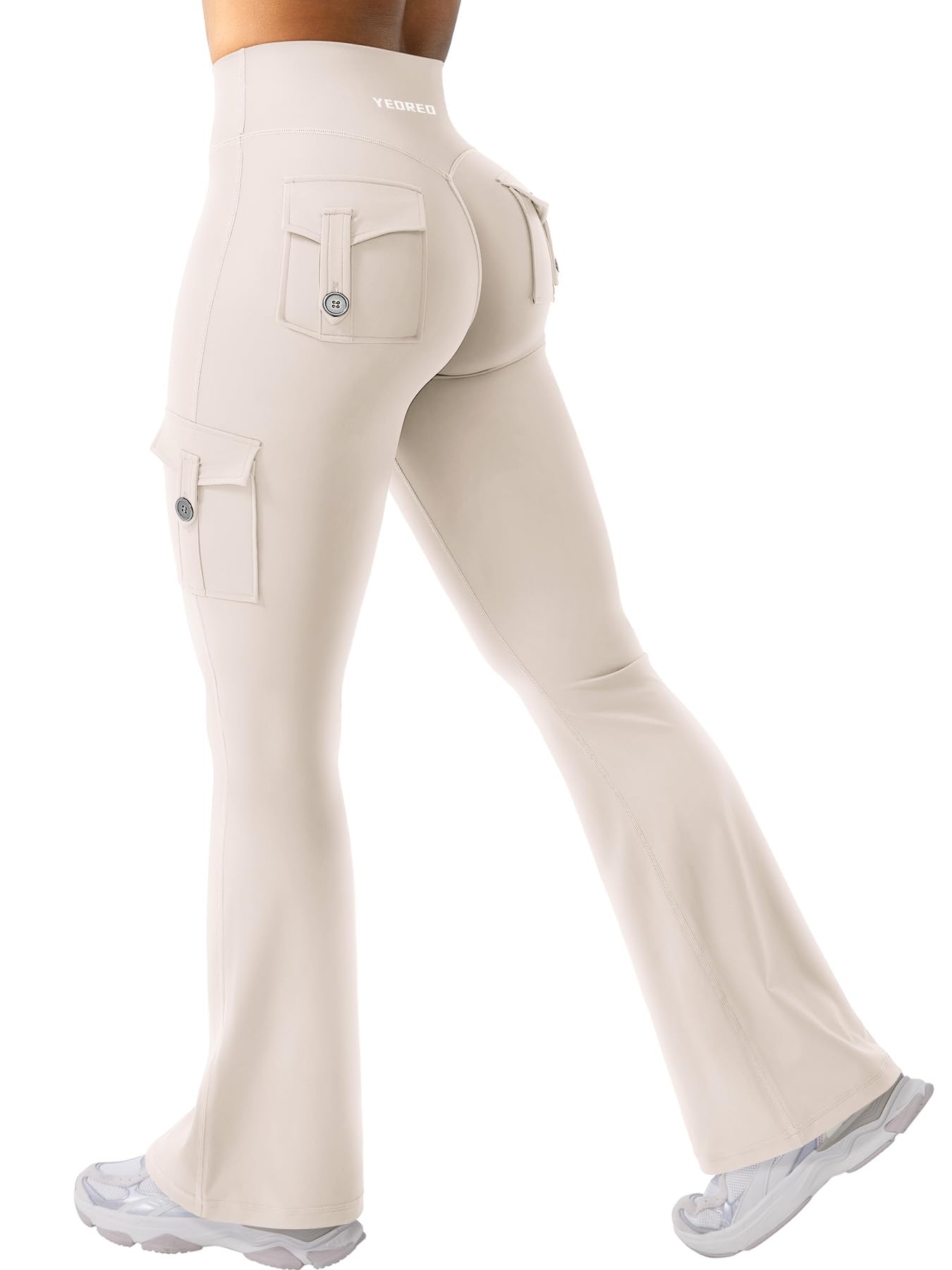 YEOREO CoreFlex Women Workout Flare Leggings with Pockets Hidden Scrunch High Waisted Cargo Gym Yoga No Front Seam Leggings Light Khaki M