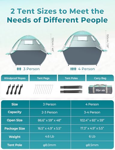 Glymnis Beach Tent Sun Shelter for 4 Persons, UPF 50+, Green - Easy Setup