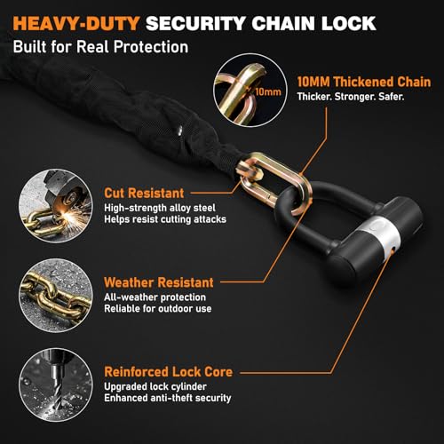 Rose Gold Heavy Duty Motorcycle Chain Lock 10mm Hardened Steel Security Bike Lock with U Lock & 4 Keys - 3.2FT