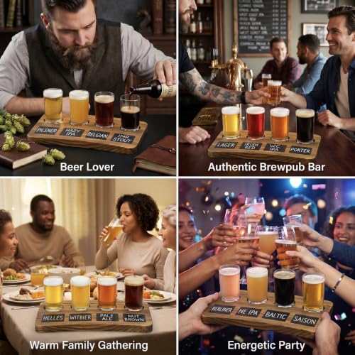 Brown Wood Beer Flight Set with 4 Glasses and Chalkboard Labels - 2 Pack