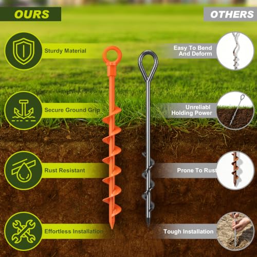 Heavy Duty Spiral Ground Stakes - Orange, 4-Pack with Drill Bit & T-Handle Tool