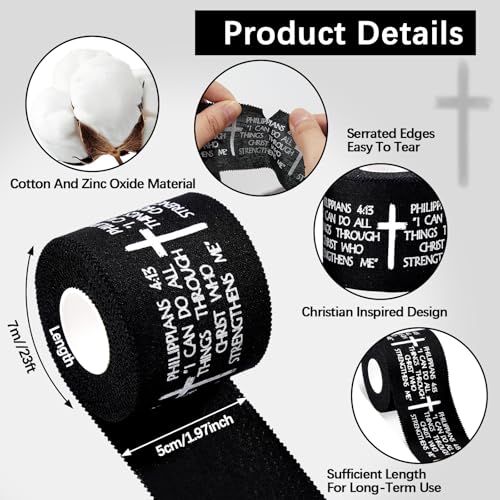 5Pcs Christian Athletic Tapes 2in x 23ft Black Cotton Zinc Oxide Sport Tape Faith Cross Sports Wristbands Religious Bible Verse Wrist Tape for Football Baseball Gymnastic Boxing First Aid Injury Wrap