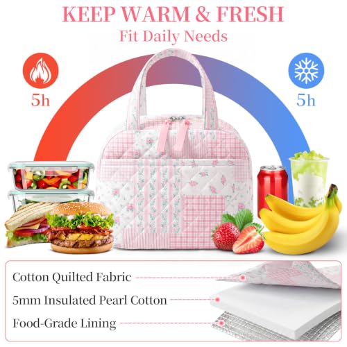 WOBAGMEN Pink Floral Patchwork Girls Backpack Set with Lunch Bag & Pencil Case - Medium, Quilted, 3-Piece School Bag