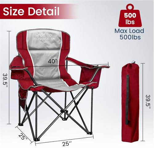 Red Oversized Camping Chair with Padded Seat 500lbs Capacity Lumbar Support