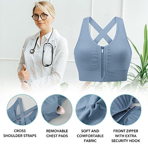 Women's Zip Front Post-Surgery Sports Bras Wireless Padded Mastectomy Bra 5 Pack - X-Large Black White Dusty Blue Purple Pink