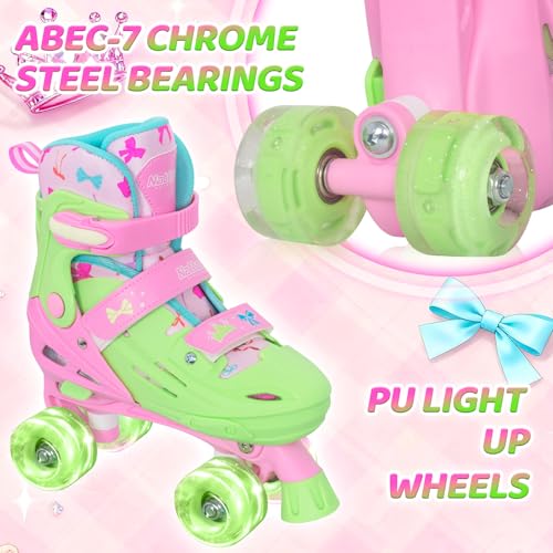 Kids Adjustable Roller Skates with Light-Up Wheels - Green, Medium (13C-3), Princess & Tie-Dye, Indoor Outdoor, Birthday Gift