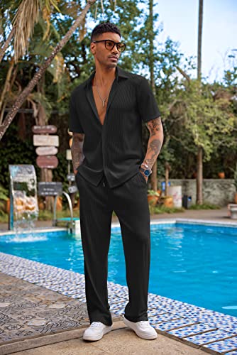 Men's Casual Short Sleeve Button-Down Shirt & Loose Pants Set - Black, Large