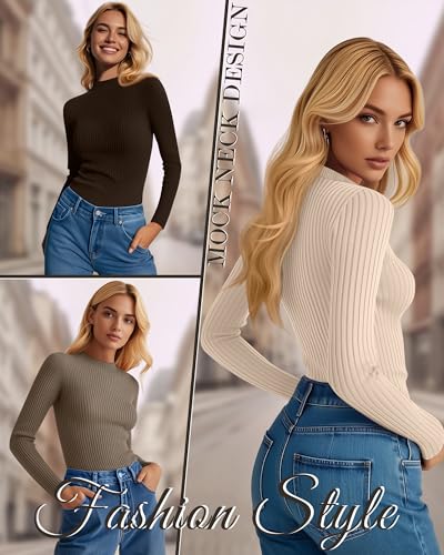 Women's Ribbed Thermal Mockneck Long Sleeve Tops - Medium Dark Brown Mocha Light Khaki Apricot