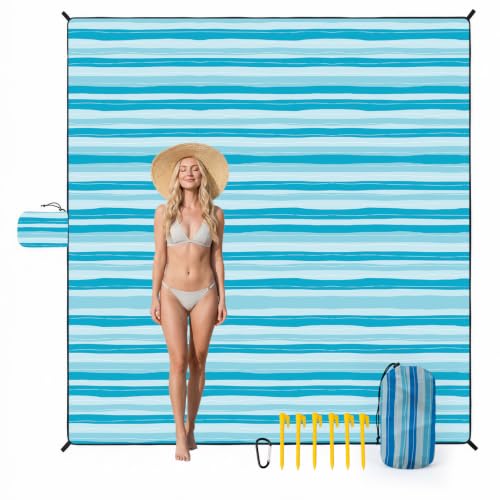 OIGAE Waterproof Sandproof Beach Blanket 7x7 ft Blue Wave Stripes - Oversized Family Mat