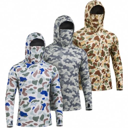 Men's UPF 50+ Sun Protection Hoodie Fishing Shirt with Face Mask - Large, Yellow/Army Green/Light Gray