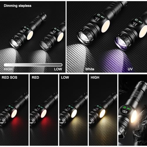 4 in 1 Rechargeable 6500K / 395nm UV Flashlight Dimming Stepless True 5000 Lumens IP45 Zoomable Beam UV Light, 5000mAh Halloween LED Flash Light with Magnet Power Failure