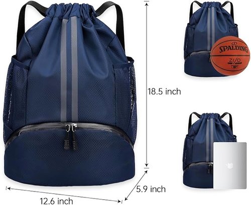 Ci Wigo Drawstring Backpack String Gym Basketball Bag Napsack Workout Track Bag with Dry Wet Separation Pocket and Shoes Compartment(Navy Blue)