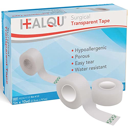 Healqu Transparent Medical Tape - 12 Rolls of 1" x 10yd Surgical Tape for Sensitive Skin