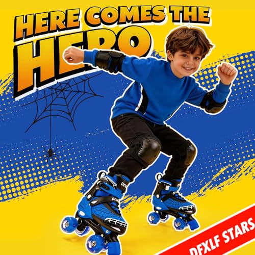 Kids Roller Skates for Ages 3-12 with Adjustable Sizes & Spider Web Design - Blue/Medium