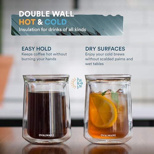 Ovalware Double Wall Insulated Glass Cup Set 11.8oz – Borosilicate Coffee Tea Whiskey