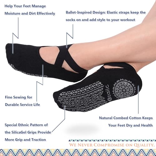 Ozaiic Non Slip Pilates Socks for Women 2 Pairs - Black, One Size