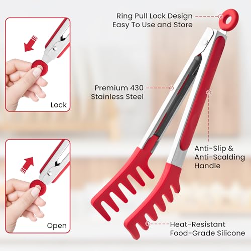 Heat-Resistant Pasta Tongs Set 9 & 12 Inches with Silicone Heads - Red