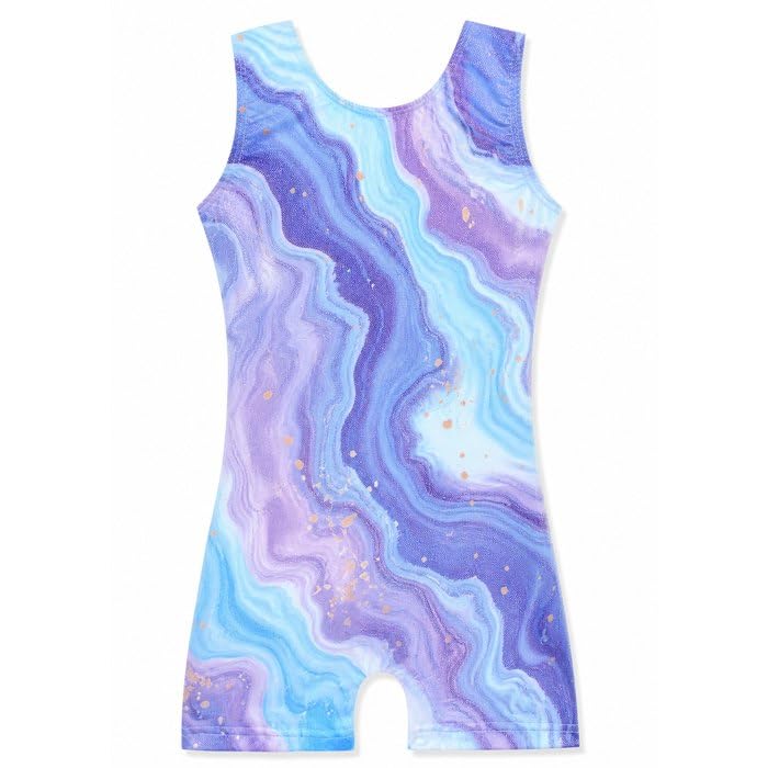 Girls Gymnastics Leotard with Shorts - Sparkle Unicorn Leopard Galaxy - 11-12 Years Purple Blue Marble