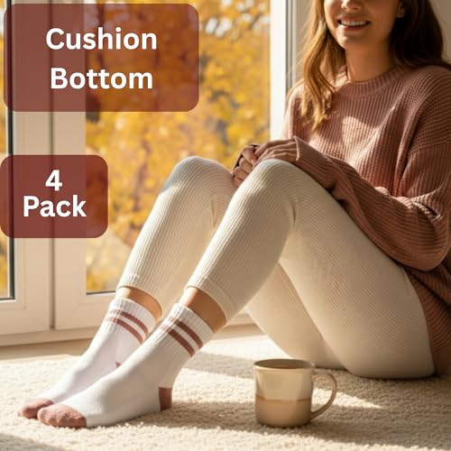 Forever Bambe Mini Crew Socks for Women 4-Pack Pastels Cushioned Bottom Retro Striped Athletic Socks - Short Calf Style