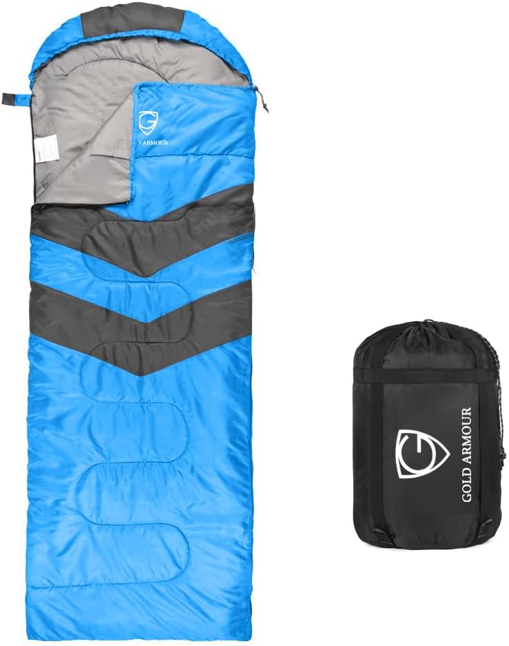 Gold Armour Sleeping Bags for Adults Cold Weather & Warm - Backpacking Camping Sleeping Bag for Kids 10-12, Girls, Boys - Lightweight Compact Camping Essentials Gear Accessories, Right Zipper