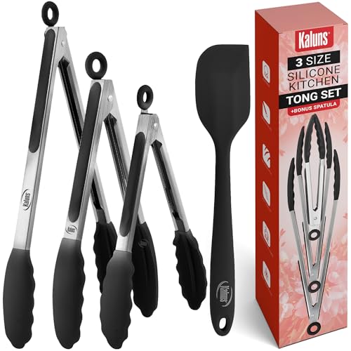 Kaluns Black Kitchen Tongs Set of 4 with Silicone Tips & Bonus Spatula