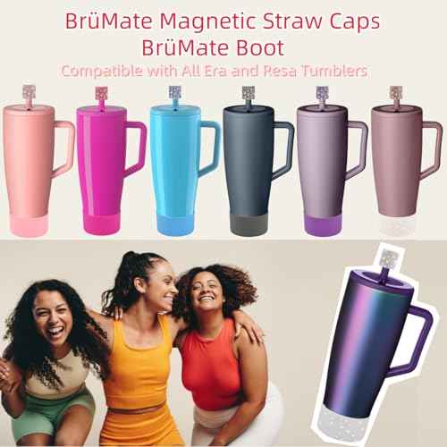 Silicone Boot and Rhinestone Magnetic Straw Cover Cap Compatible with Br?Mate Era | Anti-Slip Silicone Protector for 40 oz Tumbler with Handle | Accessory Set for Stainless Steel Drinking Cup