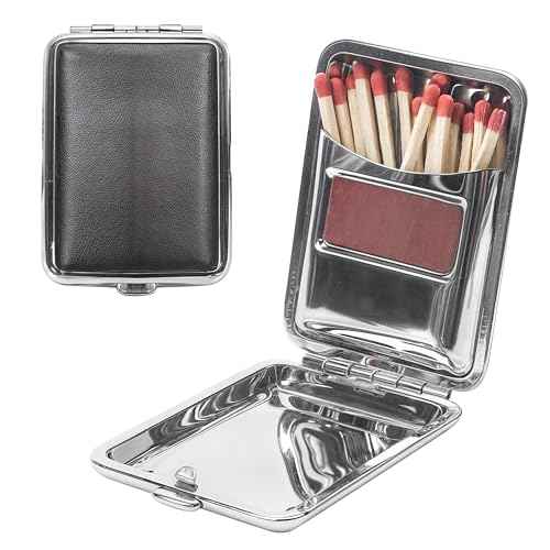 Metal Match Box Case Stainless Steel Matchboxes with Friction Plate Striker, Matchstick Holder Vintage Portable Mini Storage Reusable One Button Waterproof Fireplace Starter for Outdoor Camping-Black