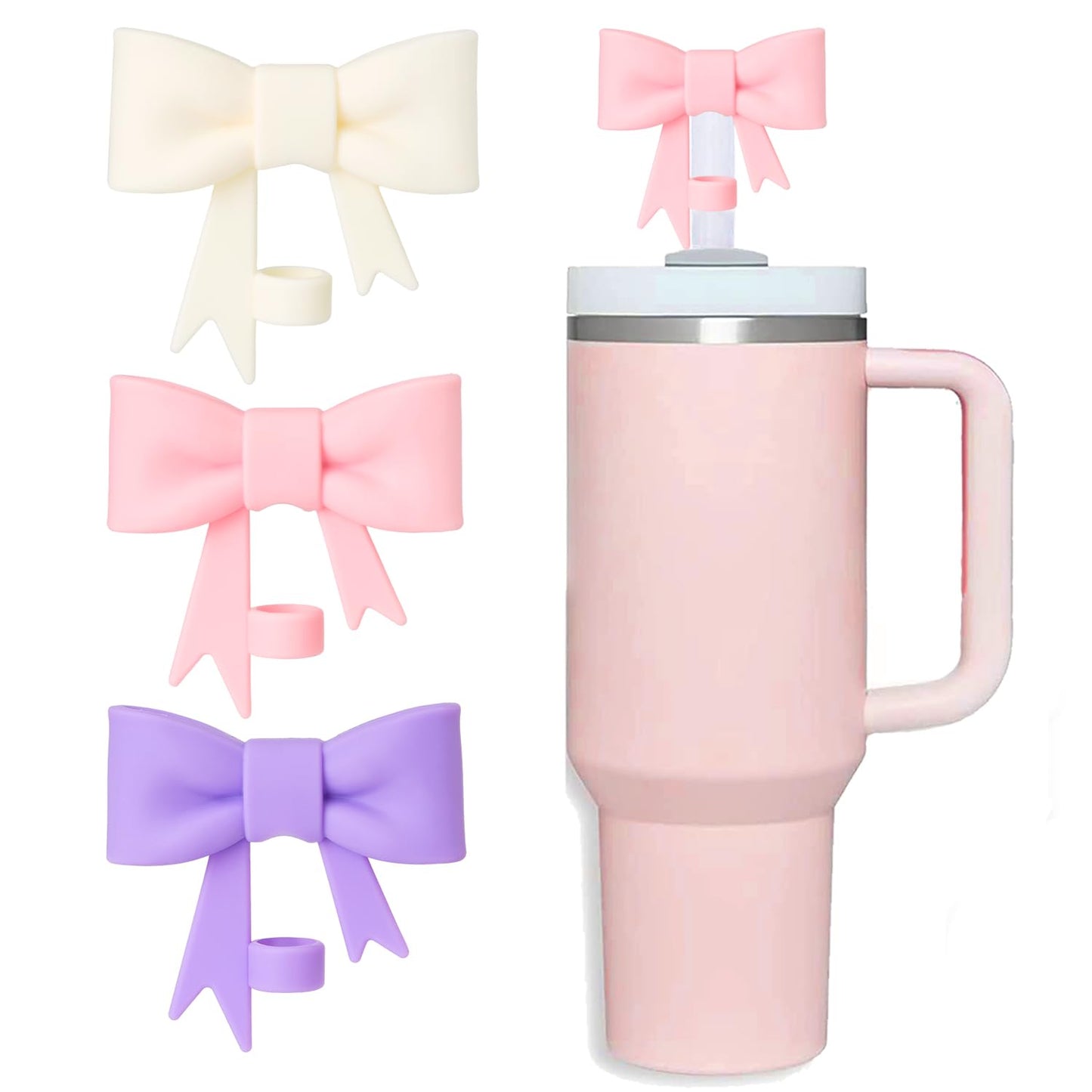 HIUSITY Bow Straw Cover Topper for Stanley Cup,Silicone Straws Toppers for Tumbler with Handle 40oz,Cute 10mm/0.4in Covers Cap,Dust-Proof Reusable Lids for Stanleys Cups Accessories,Pink