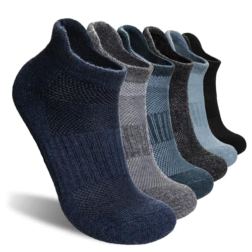 Merino Wool Ankle Hiking Socks for Men & Women - Thick Cushioned, Breathable, No Show Socks 6 Pairs - Blue & Green, Large