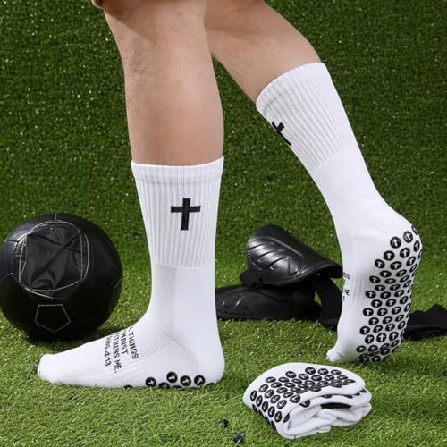 Cross Grip Soccer Socks with Bible Verse - White, One Size, 4 Pairs