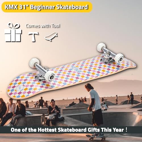 Pastel Checker Pink Complete Beginner Skateboard 31" with Skate Tool