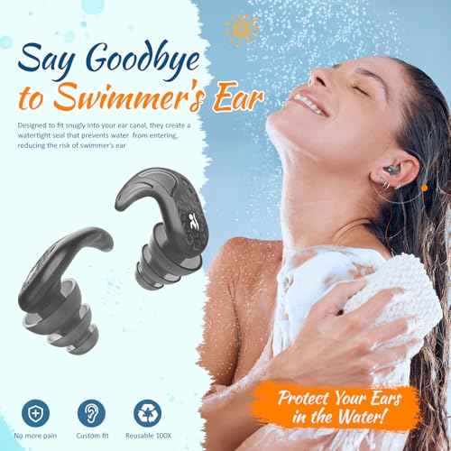 Swimming Ear Plugs, 2 Pairs Swimmers Earplugs for Adults Teens- Block Water Out, Ultra Soft, Custom Fit, Water Protection Reusable Plugs for Sailing Surfing Parasailing Diving Shower, Black