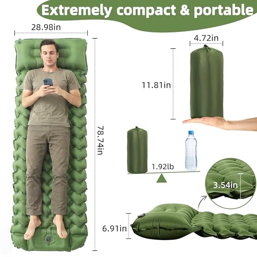 Extra-Thick Camping Sleeping Pad with Pillow and Built-In Foot Pump - Green, 3.54 Inch, Ultralight