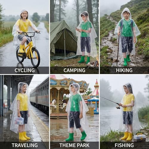Kids Rain Poncho 20 Pack Waterproof Disposable Hooded Raincoat for Children