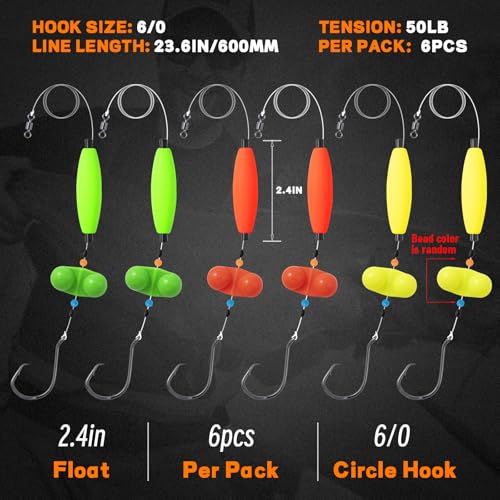 6/0 Circle Hooks Catfish Rig with Floats - Multiple Colors 6PCS