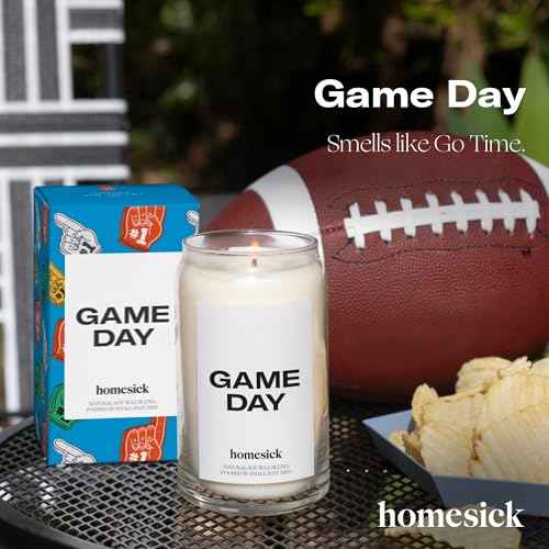 Homesick Scented Candles for Home (Game Day) - 13.75 oz Long-Lasting Soy Wax Blend Jar Candle Gifts for Women & Men, 60-80 Hours Burn Time - Notes of White Amber, Tonka Bean & Smoked Birch