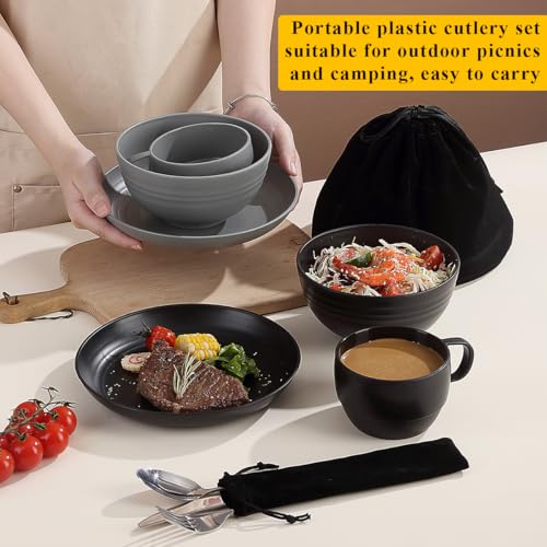 Camping Mess Kit for 2 Persons with Black & Gray Utensils and Tableware