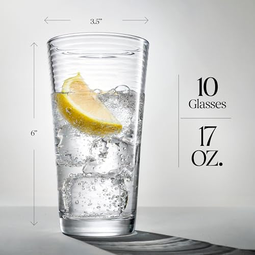10 Pack Highball Glasses Set 17oz Ribbed Drinkware for Cocktails & Beverages - Dishwasher Safe