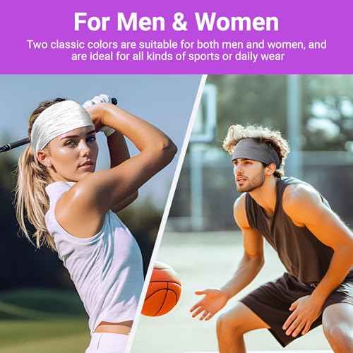 Sweatband for Men & Women, Wide Sports Headband for Running Biking Exercise, Soft & Elastic, 2 Colors Dark Gray White