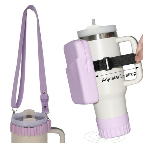 pixideit Accessories for Purple Stanley Cup, Water Bottle Phone Holder, Cup Carrying Strap, Silicone Handle Protector, Tumbler Cup Pouch Bag, Silicone Boot and Straw Cap Cover Set for Stanley