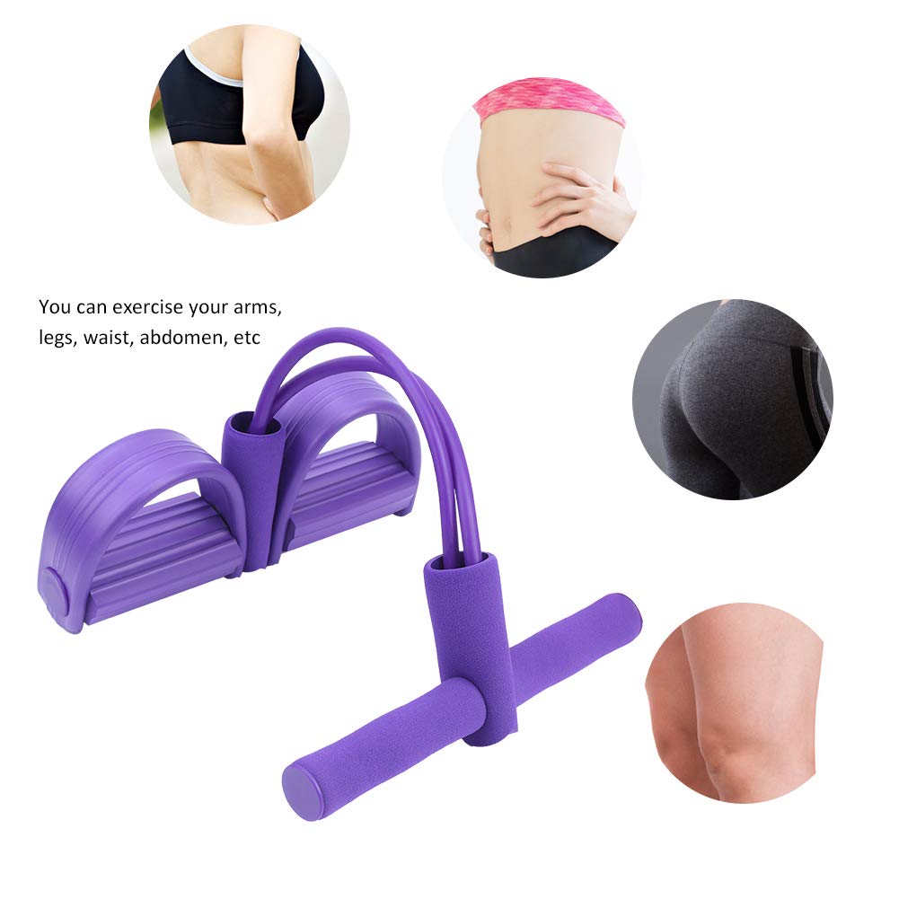 Fitness Pull Rope with 2 Tube Foot Pedal, Elastic Leg Puller for SitUp Abdominal Exercise and Training Equipment (Purple)