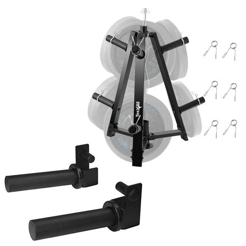 Metal 6-Peg Olympic Weight Plate Tree and Vertical BarBell Holder + Weight Holder Attachment