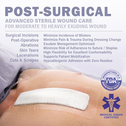 Everlit Post-Surgical Waterproof Adhesive Dressing 4x8 Inches - Hypoallergenic Silicone Bandage Pack of 5