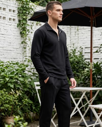 Men's 2-Piece Tracksuit Sets Long Sleeve Polo Sweat Suit - Medium Black