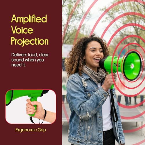 Pyle Rechargeable Green Megaphone with Siren & 30W Power, USB-C Fast Charging, 1200-Yard Voice Range for Crowd Control & Events